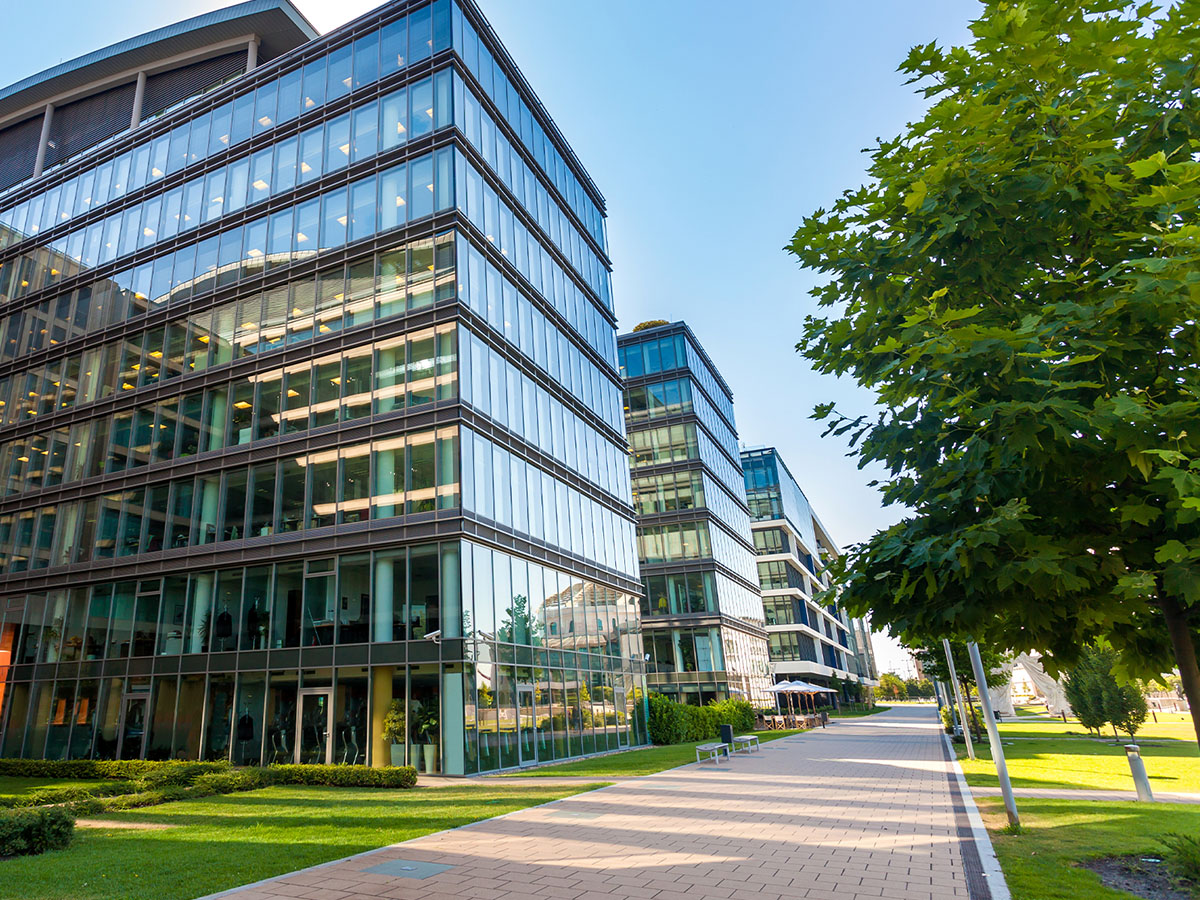 A beautiful, windowed office building with nice landscaping and a clean walkway in front of it.